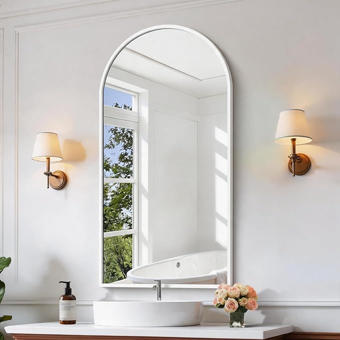 CIRCUMI Arched Wall Mirror, 24"x48" White Arched Mirror with Tempered Glass, Metal Frame, Large Size for Bathroom, Living Room,Entryway,Over Sink, Arch Mirror for Decor,Shatterproof&Crystal-Clear
