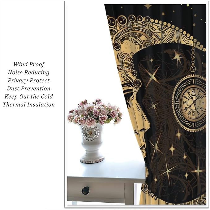 Sun Moon Blackout Windows Curtains, Retro Bohemian Antique Hippie Gold Sun Crescent and Star Curtains, for Living Room Bedroom 42x45in 2 Panels