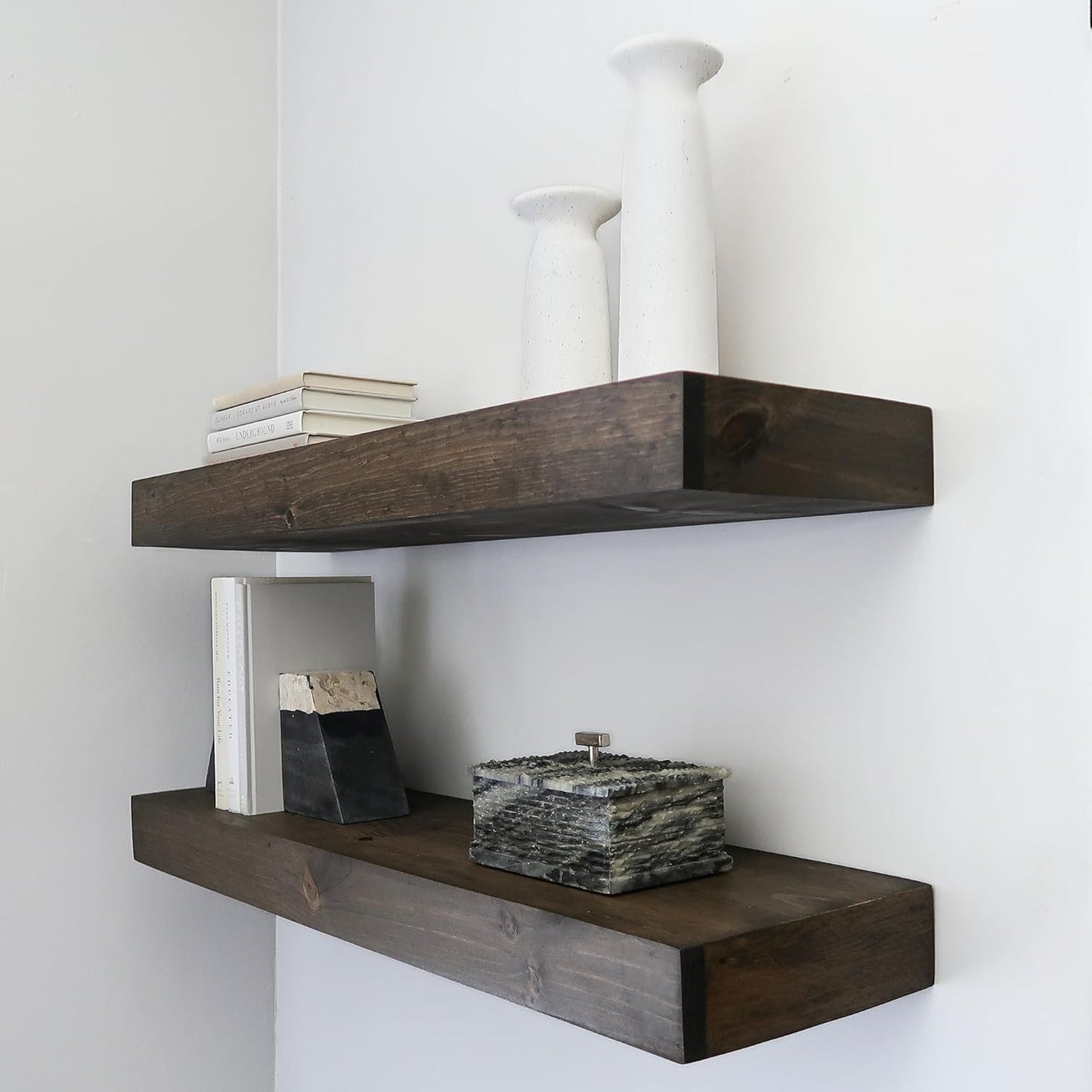 Modern Floating Shelves 3 Inches Thick for Wall, Wide Shelves for Kitchen, Living Room, Bedroom, and Bathroom, Natural Pine Wood, Rustic Wooden Shelf, (Set of 2) (Jacobean, 60Lx3Hx8D)