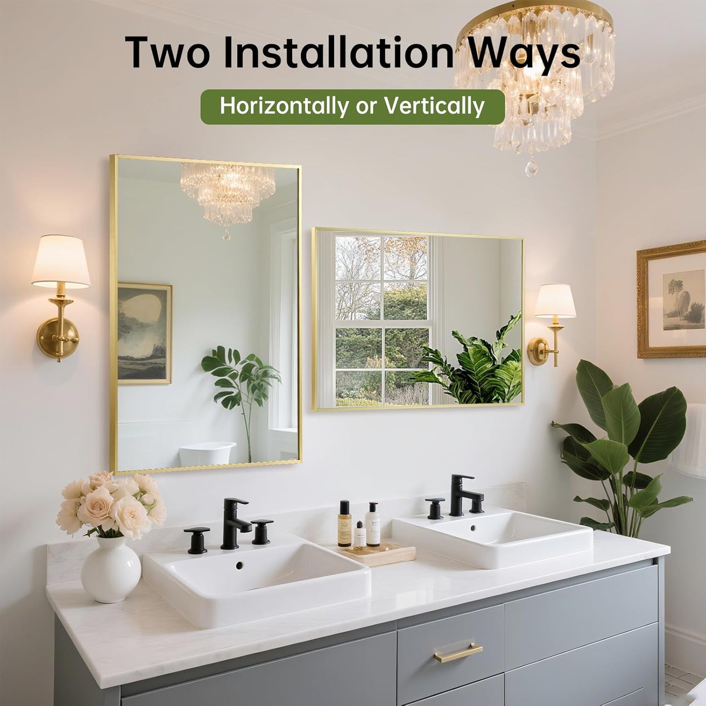 FARMER 30x36 Inch Gold Bathroom Mirror, Rectangle Wall Mounted Mirror, Vanity Mirror, Brushed Square Mirror, Framed Bathroom Mirror for Bedrooms, Entryways, Living Rooms, Horizontal/Vertical