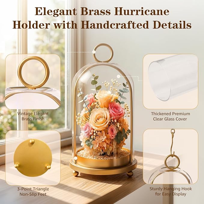 Hurricane Glass Candle Holders Set of 2 with Brass Base (9.8" & 8.1") | Cloche Glass Dome,Vintage Brass Finish,Thickened Glass Cloche,Hang or Display,Steady 3-Point Base,Vintage Farmhouse Decor