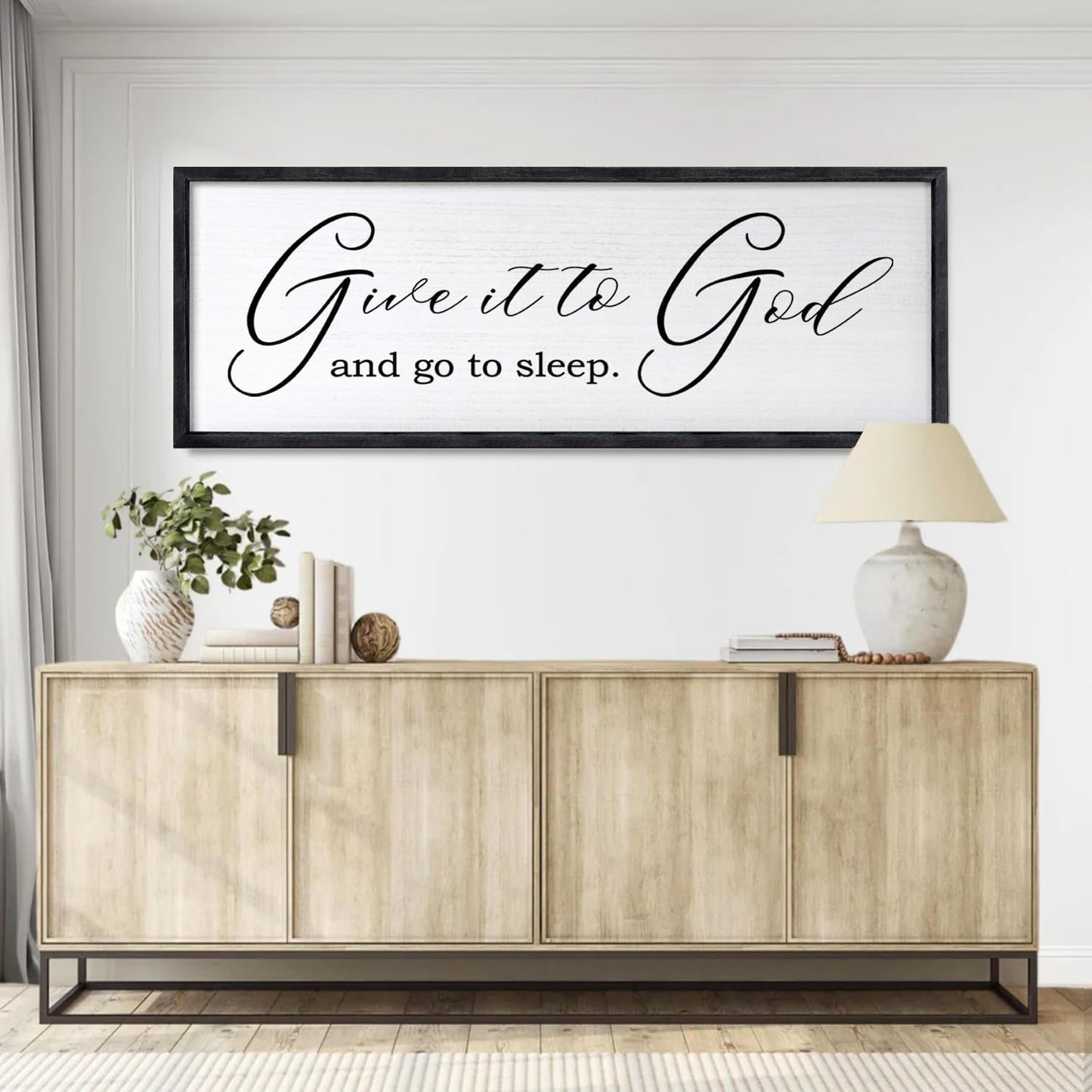 Give It To God And Go To Sleep Sign Wall Decor 40x15 Inch Large Farmhouse Master Bedroom Above Bed Hanging Wall Art Rustic Guest Room Wood Framed Over Bed Wall Decoration (Black)