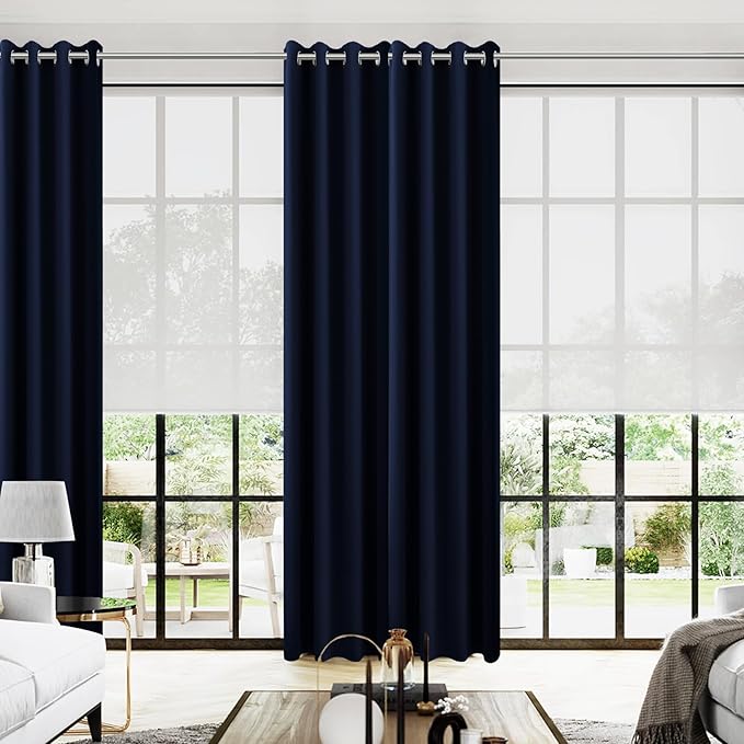 KOUFALL Navy Blue Drapes 96 Inch Long 2 Panels Window Treatments Curtains,Blackout Grommet Room Darkening Thermal Microfiber Silk Curtains for Living Room,Dark Indigo