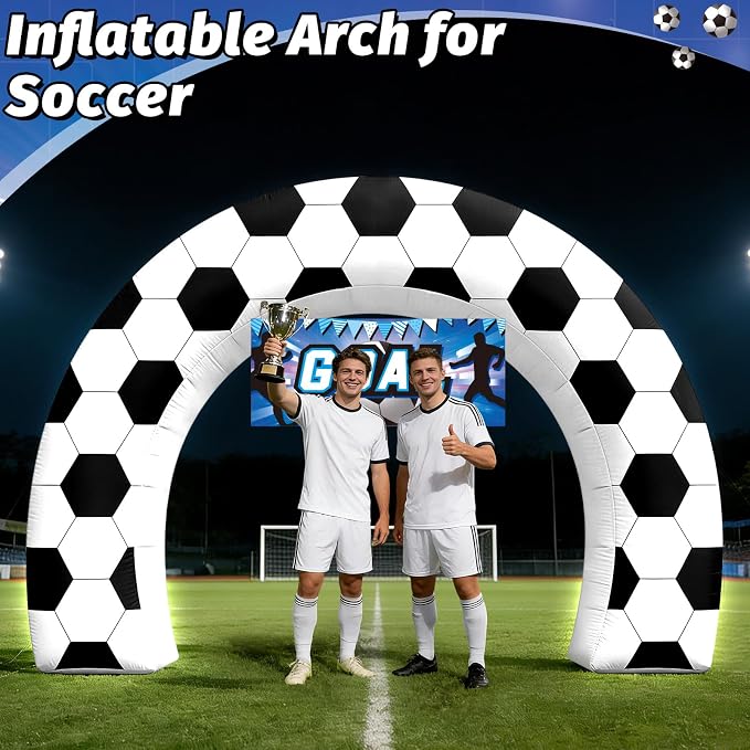 8FT Giant Soccer Inflatable Arch, Match Day Viewing Party Decorations for Fans, Soccer Sports Tournament Game Day Photo Backdrop with 1 Blower, 2 Banners & 3 LED Lights, Birthday Party Blow-Up Decor