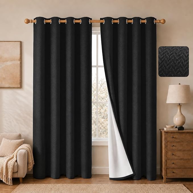 2 Panels 100% Blackout Linen-Textured Curtains, Thick Thermal Insulated Grommet Drapes with Subtle Herringbone Weave, Luxury Decor for Bedroom/Living Room, 54 x 84 Inches, Black