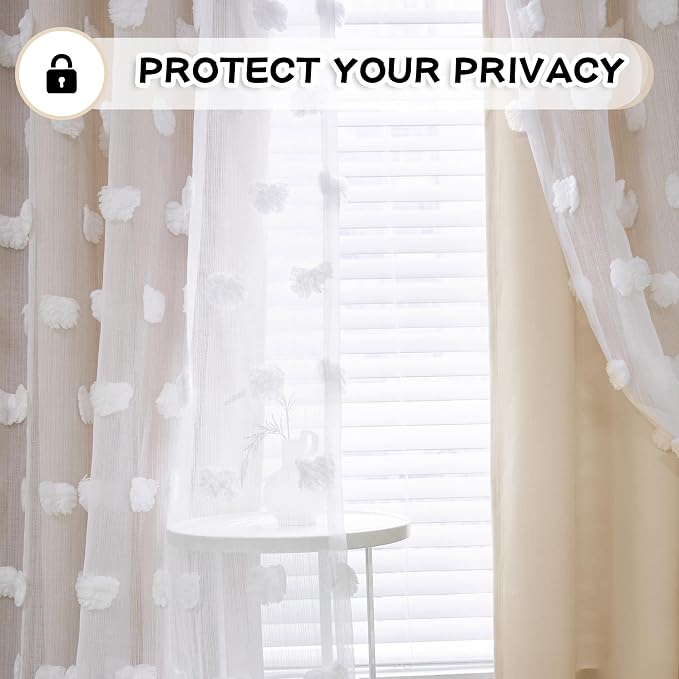 MYSKY HOME Beige Curtains for Living Room 90 Inches Long Nursery Curtains for Bedroom Double Layer Curtains White Pom Pom Sheer Curtains for Dining Room Grommet Room Darkening Window Panels W52 X L90