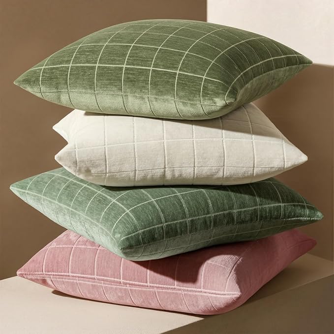MIULEE Sage Green Plaid Decorative Throw Pillow Covers 18x18 Set of 2 | Vintage Check Chenille Couch Pillows Neutral Boho Farmhouse Cushion Covers Modern Home Decor for Sofa Bed Living Room