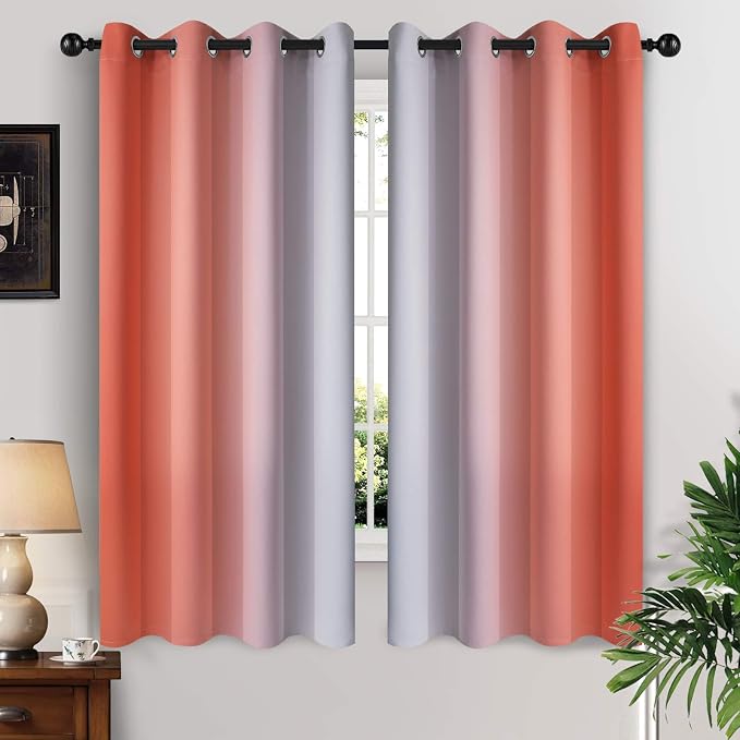 Yakamok Ombre Curtains Coral and Greyish White for Living Room,52Wx63L | Room Darkening Curtains 63,Thermal Insulated Gradient Color Drape,Light Blocking Grommet Window Curtains for Bedroom,2 Panels
