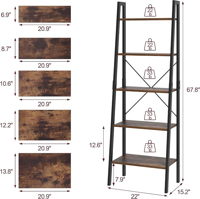 FINETONES 5-Tier Ladder Shelf, Ladder Bookshelf Bookcase with Metal Frame, Plant Rack Display Shelf Accent Furniture for Home Office, Black/Rustic Brown
