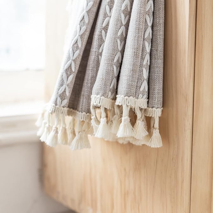 Linen Curtains 63 Inch Length 2 Panels for Living Room Embroidery Khaki Boho Curtains for Bedroom Rustic Farmhouse Tassel Light Filtering Window Curtains Rod Pocket Drapes (52" W x 63" L,Khaki)
