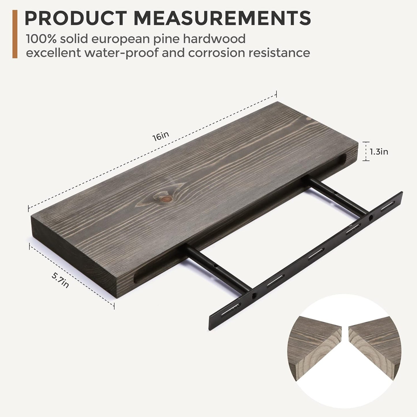 Fun Memories European Pine Floating Shelves for Wall, Mounted Shelf for Decor Storage Set of 2 - Natural Rustic Wooden Wall Shelf for Kitchen Bathroom Living Room Bedroom Farmhouse - Grey