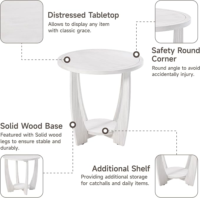 COZAYH Rustic Farmhouse end Table X 2P with Storage Shelf, French Country Accent Side Table for Family, Dinning or Living Room, Small Spaces, Modern, Round, White