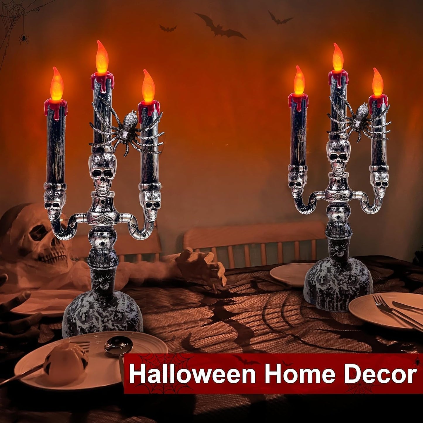 TURNMEON 2 Pack Halloween Candles Halloween Decorations LED Flame Less Candelabra 3-Flickering Lamp Light Up Battery Operated Candles Holder Spider Decor Indoor Table Home Haunted Party
