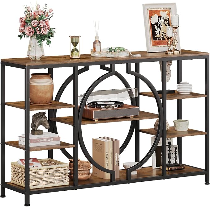 GiftGo 47" Industrial Console Tables for Entryway Rustic Sofa Table Behind Couch 4 Tier Wooden Shelves Entry Table with Storage for Foyer, Hallway, Front Door,Living Room (Rustic Brown, 47")