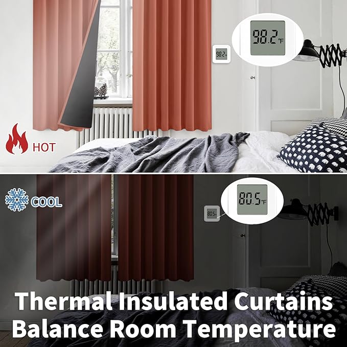BGment 100% Blackout Curtains 63 Inch Length with Liner, Room Darkening Thermal Insulated Double Layer Noise Cancelling Rod Pocket and Back Tab Curtains for Bedroom, 52 x 63 Inch, 2 Panels, Terracotta