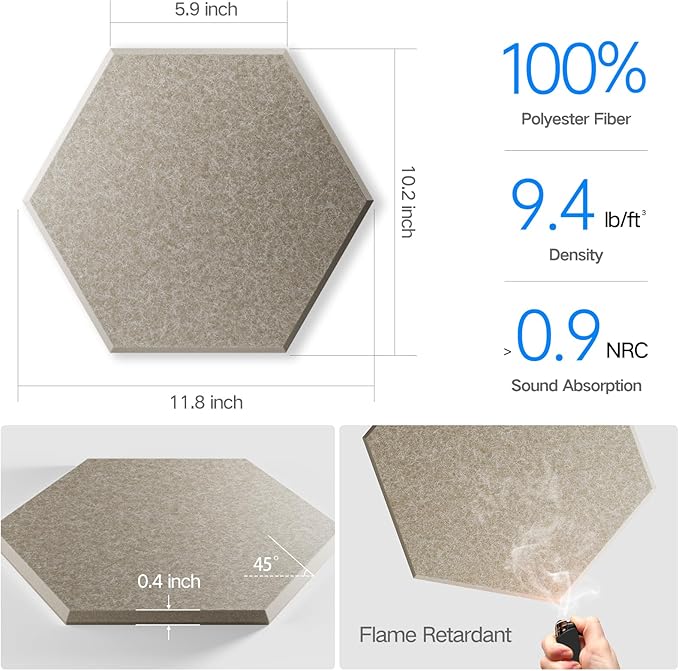22 Pack Self-Adhesive Acoustic Panels 12" X 10" X 0.4" - Sound Proof Foam Panels with High Density, Stylish Hexagonal Design, Flame Resistant, Absorb Noise and Eliminate Echoes(Camel)