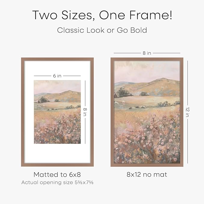 Homeforia 8x12 Picture Frame Mocha, High End Metal 8 x 12 Poster Frames with Mat 6 by 8 for Photo, 12x8 Frame Matted to 6x8 inch Print, 8by12 Wall or Tabletop Frame, Tempered Glass, Wall Kit, Set of 2