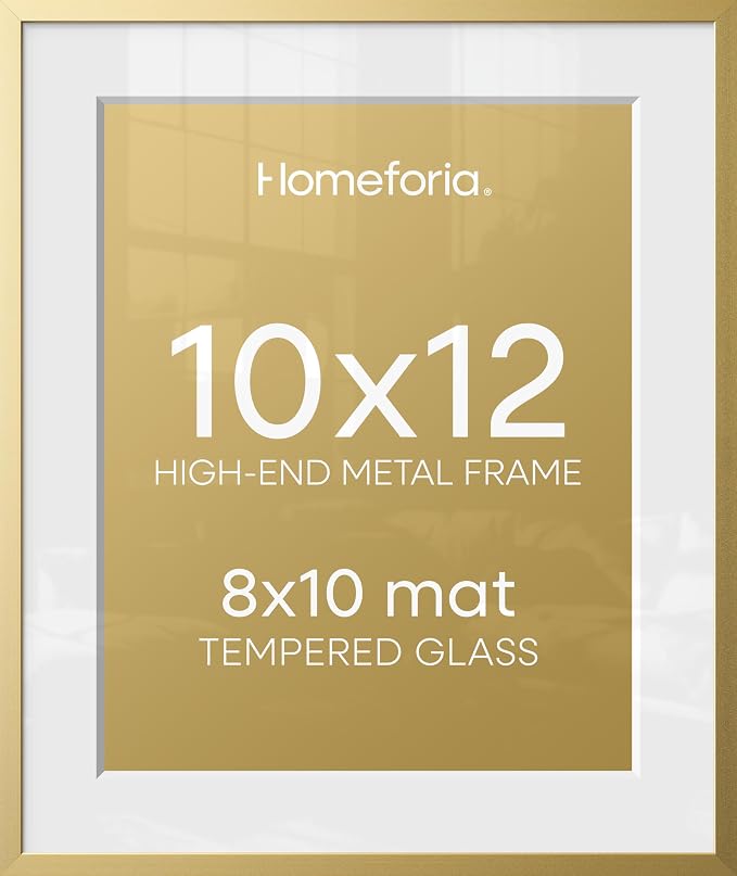 Homeforia 10x12 Picture Frame Gold, High End Metal 10x12 Poster Frames with Mat for 8x10, 10 x 12 Gold Frame Matted to 8 x 10 inch Photo, 10by12 Thin Hanging Frames, Tempered Glass, Wall Kit, Set of 1