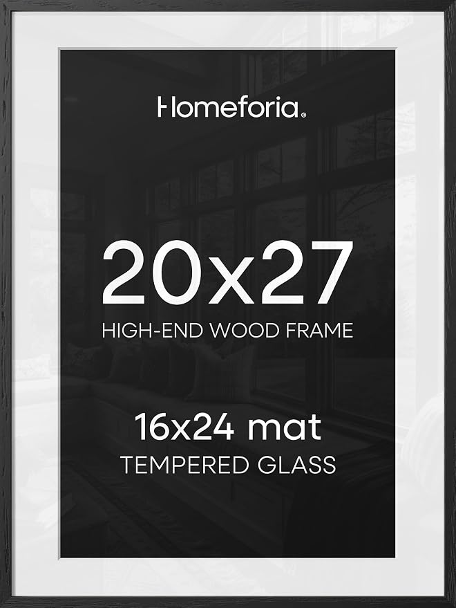 Homeforia 20x27 Picture Frame Black Wood, High End Oak 20x27 Poster Frames with Mat 16x24 Photo, 20 x 27 Wooden Frame Matted to 16 by 24 Print, 27x20 Hanging Frames, Tempered Glass, Wall Kit, Set of 1