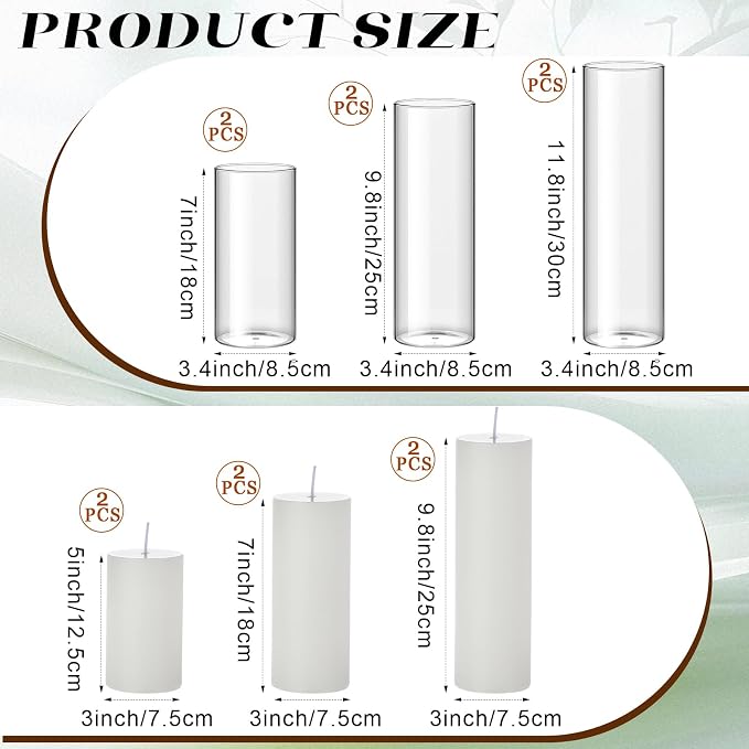 Shihanee Set of 6 Pillar Candles with Glass Cylinder Vases Clear Cylinder Hurricane Candleholders for Slim Tall Pillar Candles Wedding Table Centerpieces(3.4'' X 7", 9.8", 11.8",White)