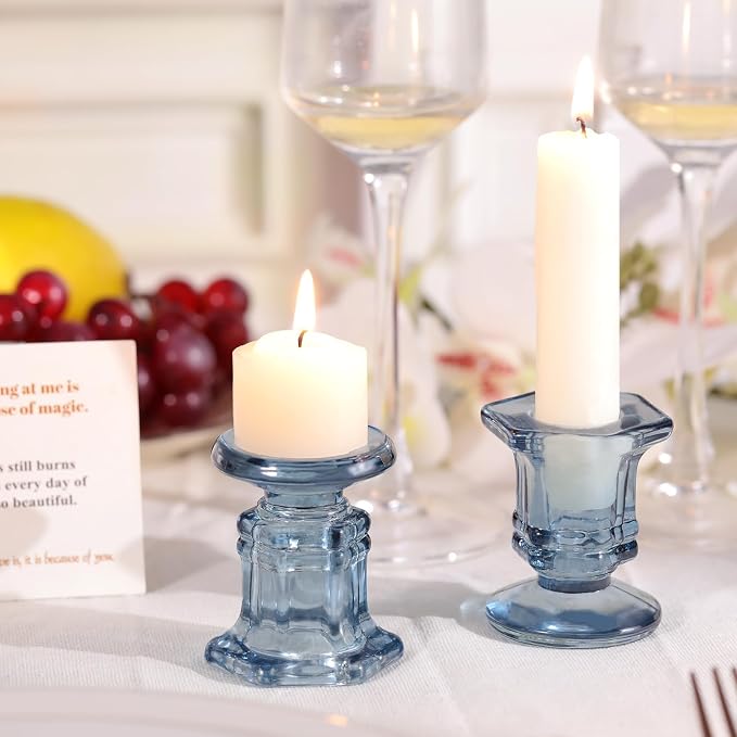 Lanttu 12 Pcs Blue Candlestick Holders Bulk, Glass Candle Holders Set | Crystal Taper Candle Holder for Wedding, Table Centerpiece, Home Decoration