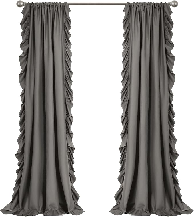 Lush Decor Reyna Ruffle Window Curtain Panel Set, Pair, 54" W x 108" L, Gray - Flowy Curtain Set - Romantic Ruffle Curtains for Bedroom, Living room, or Dining Room - Farmhouse & Cottage Home Decor