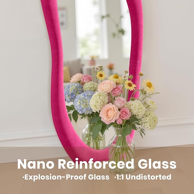Dewfig Full Length Mirror, 63" x 24"Irregular Mirror, Large Floor Length Mirrors Wall Mounted, Standing Mirrors with Flannel Wrapped Wooden Frame for Bedroom/Living Room, Hot Pink