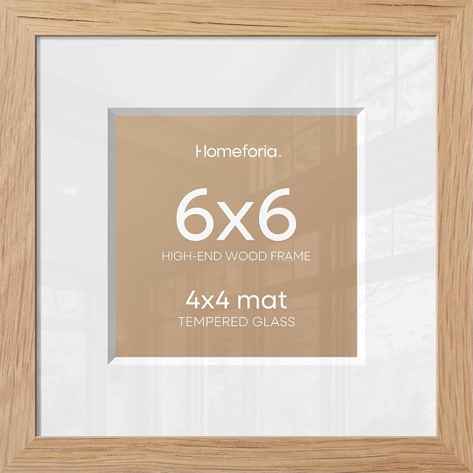 Homeforia 6x6 Picture Frames Wood, High-End Natural Oak 6 x 6 Square Frames with Mat 4 by 4 inch Photo, 6by6 Light Wooden Frames Matted to 4x4 Print, Tabletop Frame, Tempered Glass, Wall Kit, Set of 1