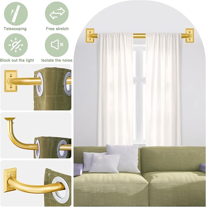 TVWOO Gold Wrap Around Curtain Rods 2 Pack:Blackout Adjustable Window Curtain Rod,Room Darkening Heavy Duty Curved French Metal Single Drapery Rods for Bedroom Kitchen Easy Install,Brass Gold 28-48"