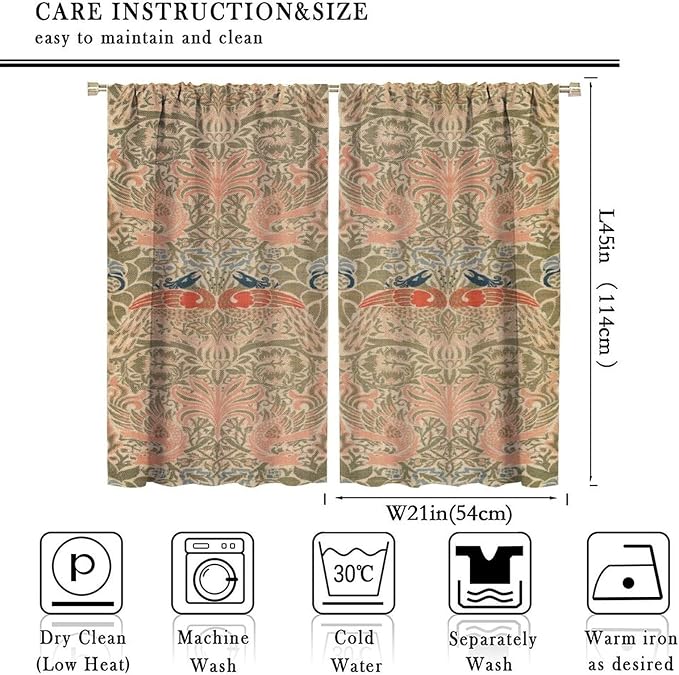 Retro Bohemian William Morris Blackout Window Curtains, Vintage Peacock Abstract Art Pattern Print Window Drapes, for Bedroom Living Room 21(W)*45(L) 2 Panels