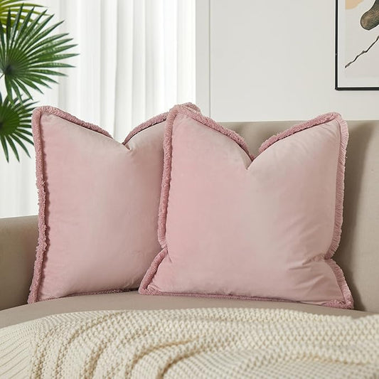JUSPURBET Pink Velvet Throw Pillow Covers 20x20 Inch Set of 2 with Soft Tassel Fringe Luxury Boho Pillowcase for Sofa Couch Bed Home Decor Machine Washable