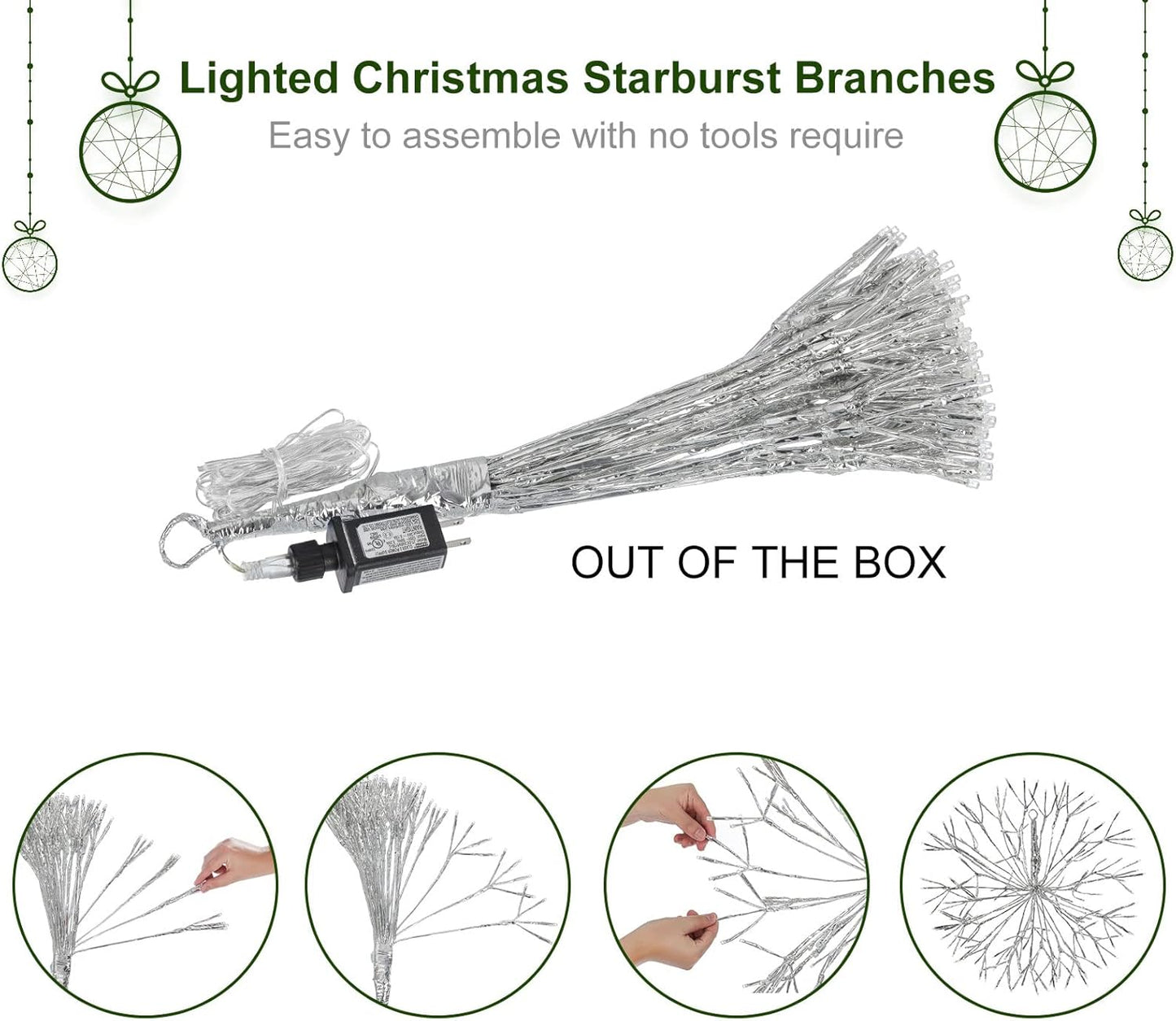 Christmas Hanging Starburst Lighted Branches, Pre-Lit 24’’ Dia Sliver Starry with 160PCS Multi Color LED Twinkle Hanging Ball Light Plug in Indoor