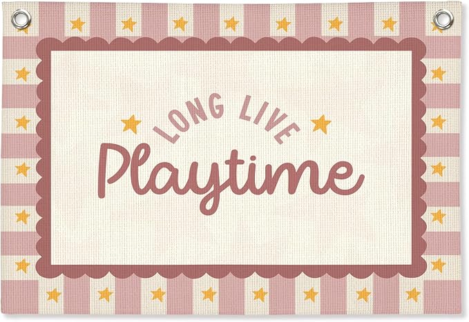 Playroom Wall Decor,Long Live Playtime Linen Canvas Banner,Pink Toddler Playroom Decor Kids Room Nursery with Star Pattern Wall Decor for Toddler Girls Toy Room Bedroom,30x20 Inch