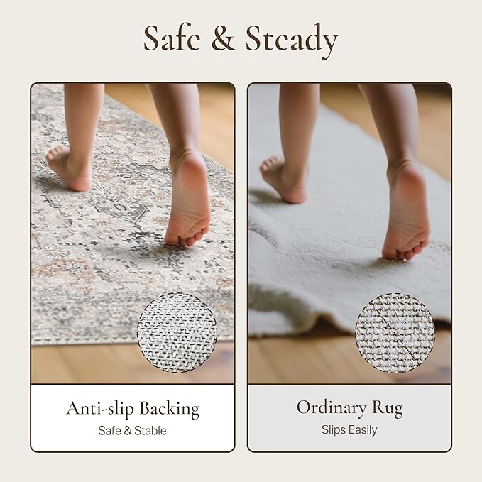 GENIMO Runner Rug 2x10 Machine Washable Non Slip Vintage Hallway Runner Rug, Low Pile Lightweight Rugs for Indoor Entryway, Hallway, Kitchen and Corridor, Light Taupe Brown