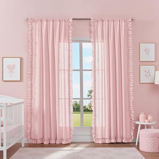 Blush Pink Linen Curtains 84 Inches Long, 2 Panels, Each W47 x L84 Inch, Farmhouse Scalloped Edge Feminine Ruffled Curtains for Living Room, Rod Pocket Privacy Semi-Sheer Flowy Ruffle Curtain Drapes