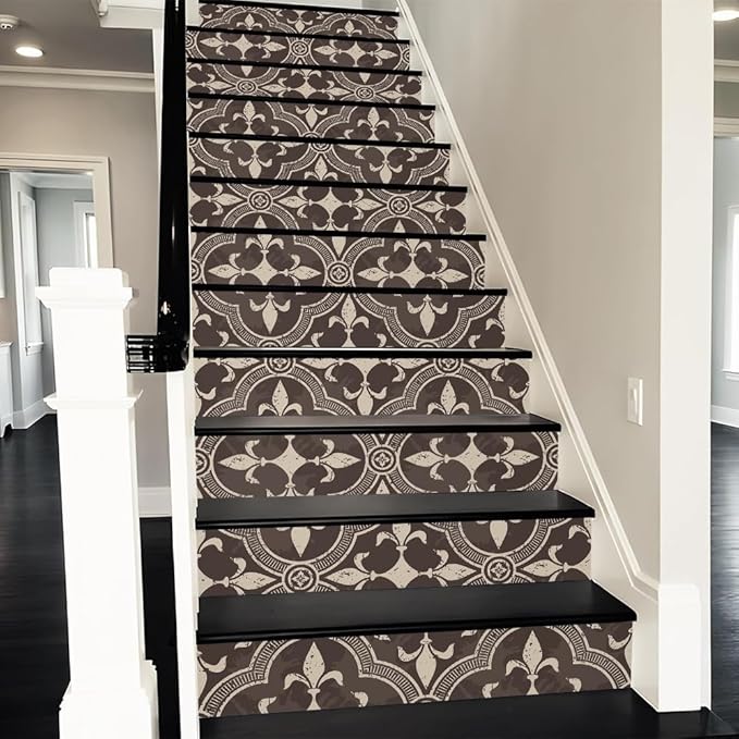 REDAMANCY Vintage Beige Dark Brown Damask Flower Peel and Stick Vinyl Stair Riser Decals Staircase Tile Stickers Decor Modern Marble Decoration Self-Adhesive(14 Pcs)