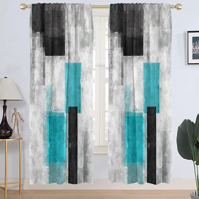 AAtter Teal Black and Grey Window Curtain Turquoise Aqua Gray Silver White Geometric Printed Abstract Deco Long Wide Living Room Bedroom Drapes Treatment Fabric 1 Pair, 52" W x 84" L, Modern