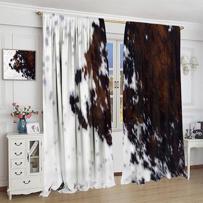 Cowhide Blackout Curtain, Western Cow Print Rustic Brown Black White Animal Fur Skin Drapes, Window Treatments Rod Pocket 2 Panels Curtains for Kitchen Bedroom Living Room Office Deocr 63"W X 72"L