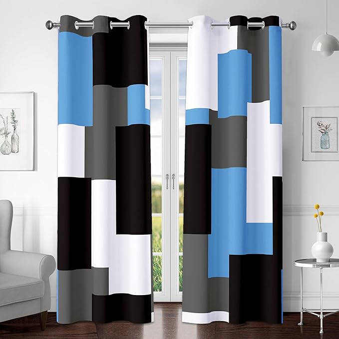 Tyrot Light Blue 100% Blackout Curtains for Bedroom 84 inch Length 2 Panels Set Grey Modern Abstract Geometric Black Out Curtains Insulated Room Darkening Window Drapes for Living Room, 42Wx84L
