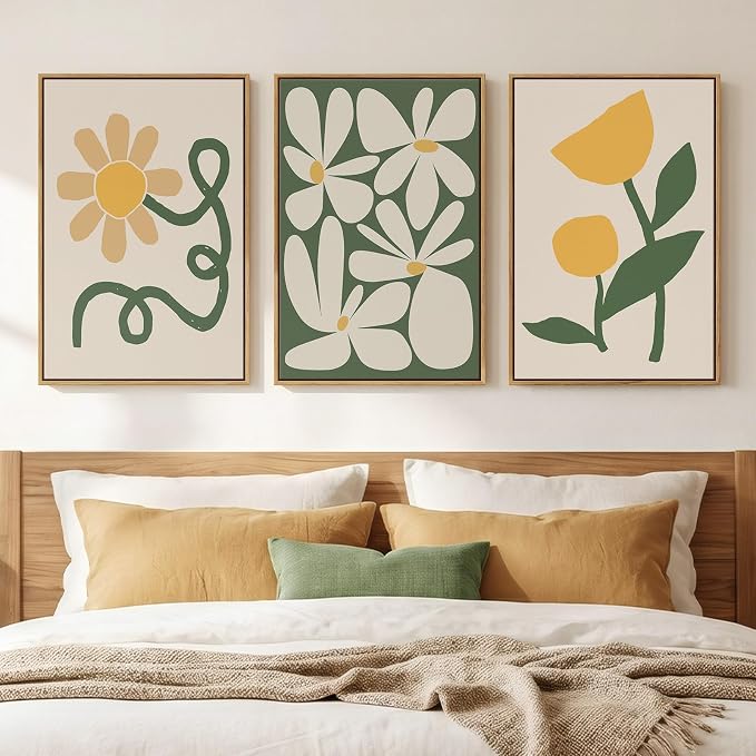 Framed Boho Abstract Wall Art Bedroom, 3 Piece Green and Yellow Mid Century Modern Canvas Artwork for Walls, Paintings Prints Botanical Floral Pictures for Living Room Dining Room Wall Decor, 16x24 In
