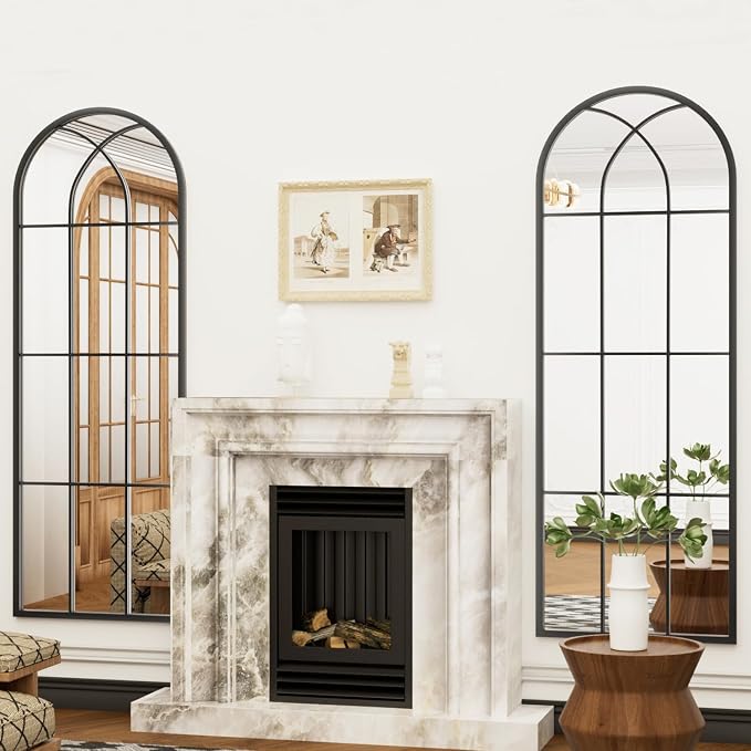 Dewfig 65"x 22" Arched Window pane Full Length Mirror, Wall Mirror, Floor Standing Mirrors, Farmhouse Long Full Body Mirrors Wall Mounted for Living Room, Bedroom, Entryway, Fireplace, Black