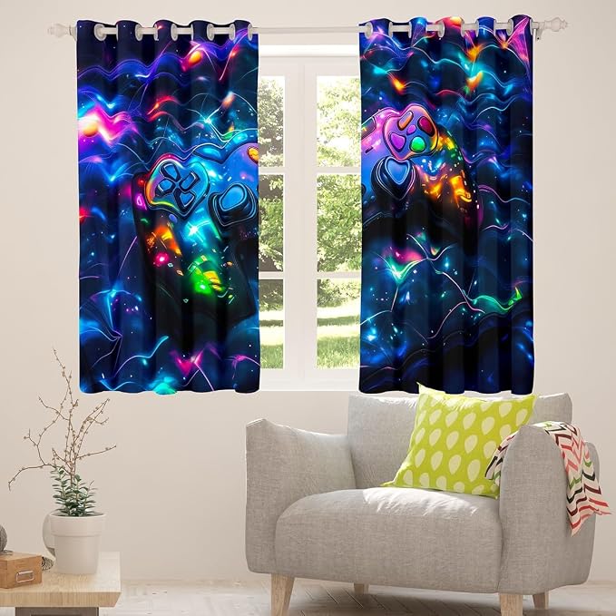 Feelyou Kids Gamer Blackout Curtains Galaxy Gaming Window Curtains Glitter Game Darkening Drapes Boys Girls Gamepad Teens Window Treatments Bedroom Decor (2 Panels, 38 x 54 Inch)