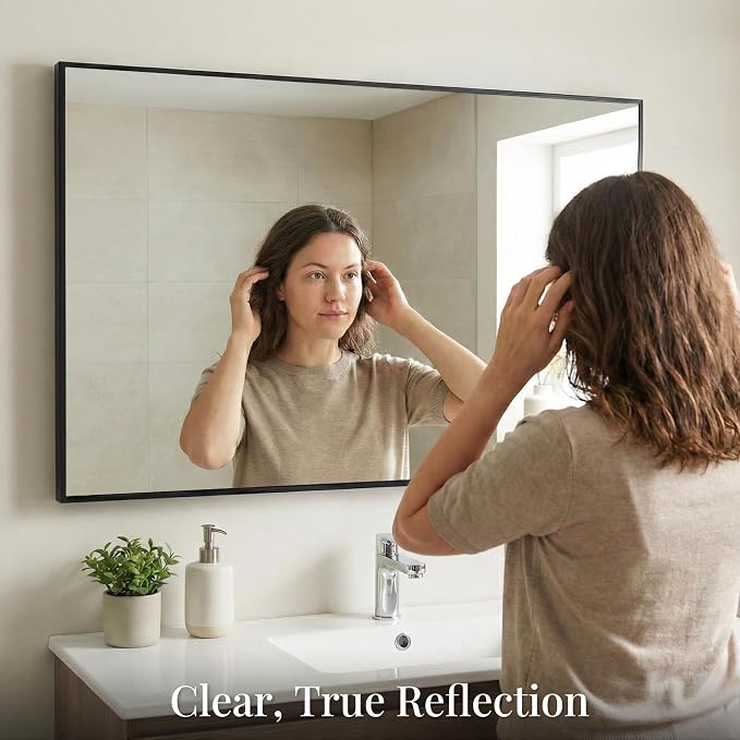 48"x30" Matte Black Large Framed Bathroom Vanity Wall Mirror | Large Vanity Wall Mirror, Slim Metal Frame, Dresser, Sideboard Use, Vertical, Horizontal Mount, Tempered Glass