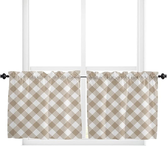 24 Inch Long Tier Curtains for Kitchen, Pastoral Style Khaki Lattice Bathroom Window Curtains Rod Pocket Short Curtains Window Treatment Tiers for Living Room Farmhouse 2 Panels