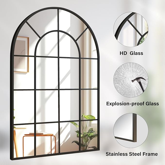 24"×36" Windowpane Arched Wall Mirror, Grid-Designed Decorative Farmhouse Wall Mounted Mirror with Metal Frame Hanging Leaning for Entryway, Living Room, Home Decor, Black