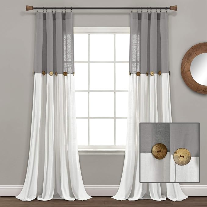 Lush Decor Linen Button Window Curtain Panel, Single, 40" W x 84" L, Dark Gray & Off White - Country Curtains - Color Block Modern Farmhouse Curtains For Living Room, Bedroom & Dining Room