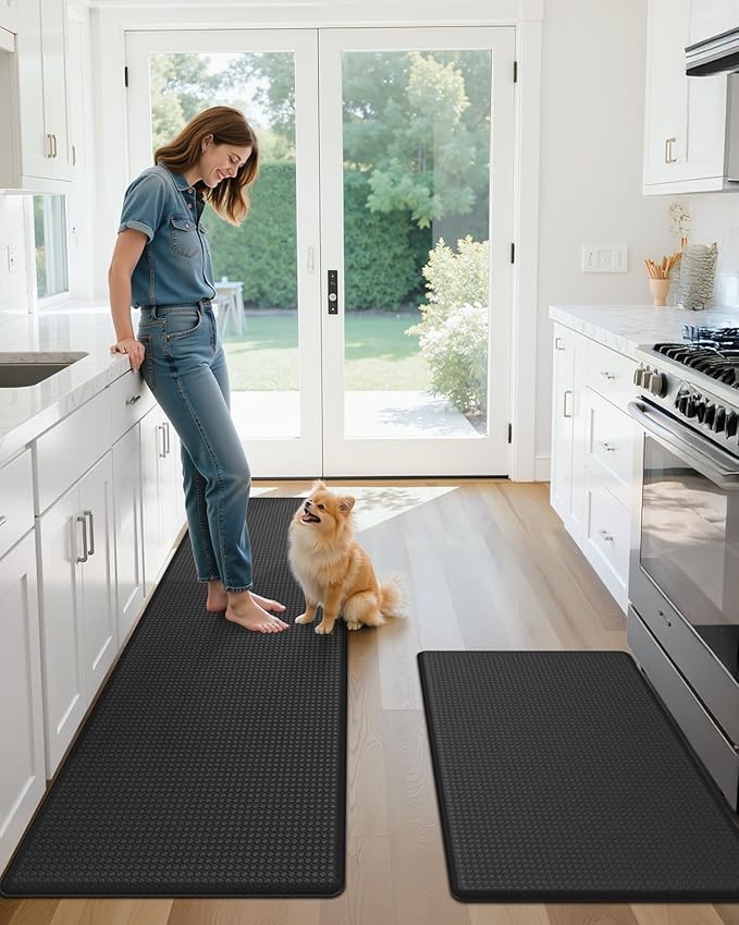 Color&Geometry Anti Fatigue Cushion Padded Kitchen Mat for Floor - 24x59+24x94,Easy Clean, Waterproof & Oil Proof, Anti Slip, Foam Rubber Runner Rug for Front Sink Comfort Standing, Black Set of 2