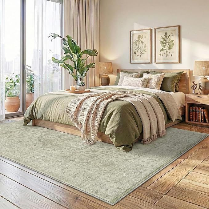 Homemate Washable Rug 10x12 Area Rugs - Vintage Faux Wool Rugs for Living Room Bedroom Dining Room - Non Slip Foldable Carpet Indoor Area Rug for Home Decor（10'x12', Green