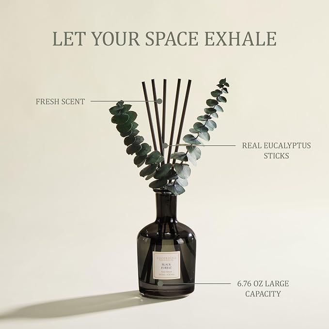 COCORRÍNA Black Forest Reed Diffuser – 6.76 oz Essential Oil with 8 Reeds & Real Eucalyptus Sticks, Home Fragrance for Bedroom or Bathroom Décor