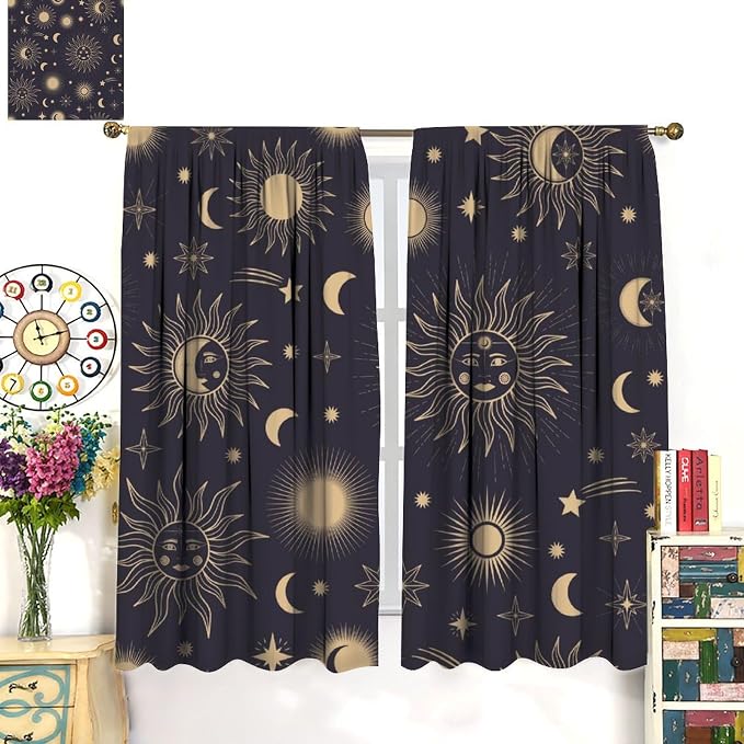 Sun Moon Blackout Curtains, Hand Drawn Sun Moon Stars Magic Space Galaxy Window Treatment Drapes for Bedroom Living Room 63" W X 72" L